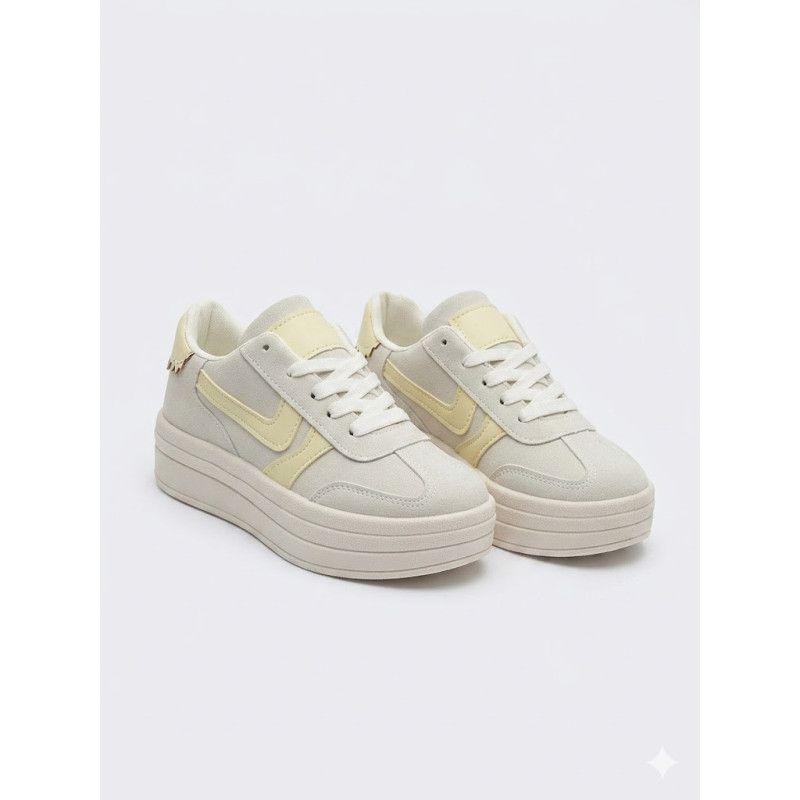 PLATAFORMA ESTILO SAMBA COLOR BEIGE Y LINEAS AMARILLO PASTEL